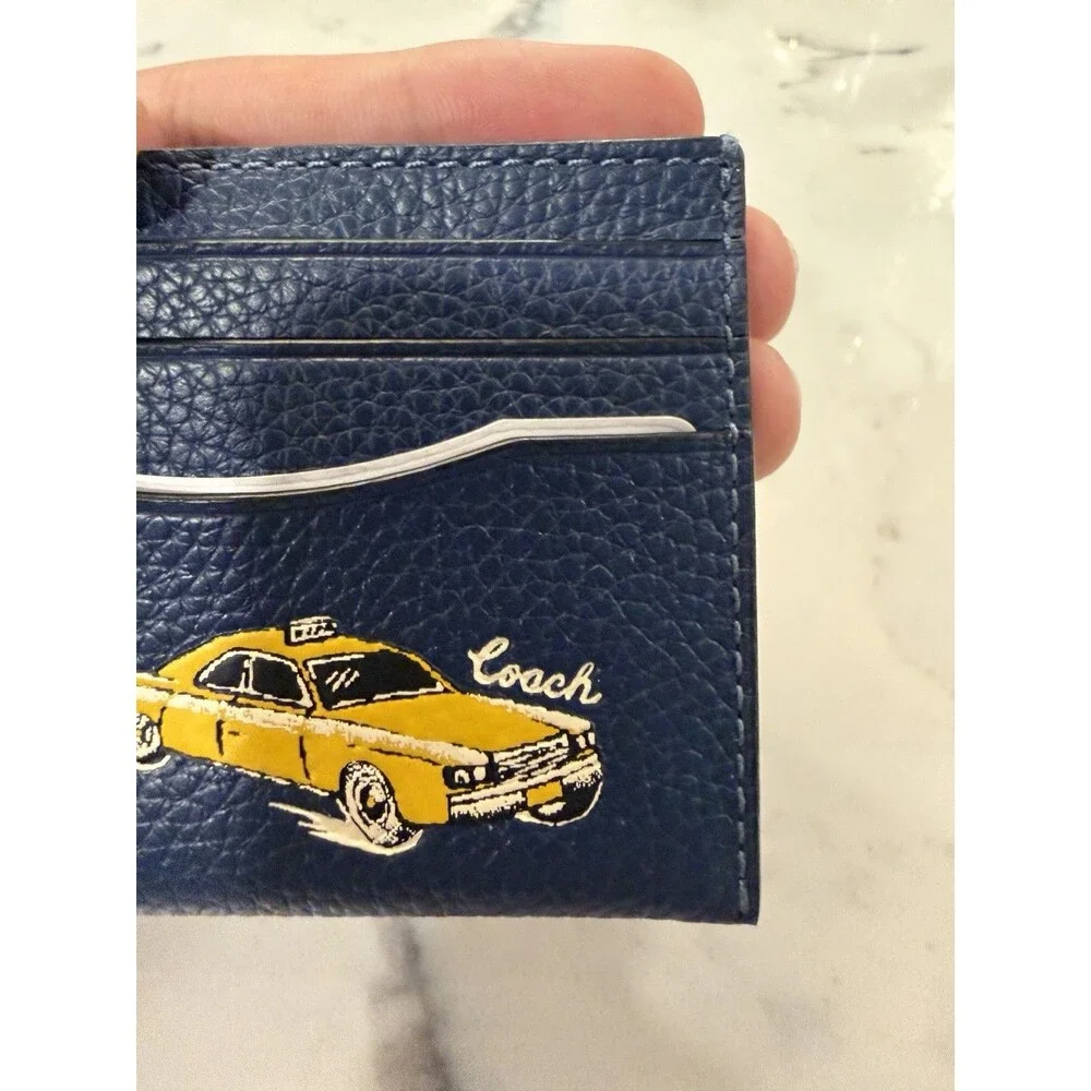 Coach Men’s Navy Leather Card Holder Wallet Taxi Cab Graphic Rare New